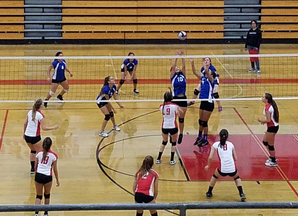 Fillmore’s J.V. jump to make the block against Bishop Diego at this past Saturday’s Tournament in Santa Paula.