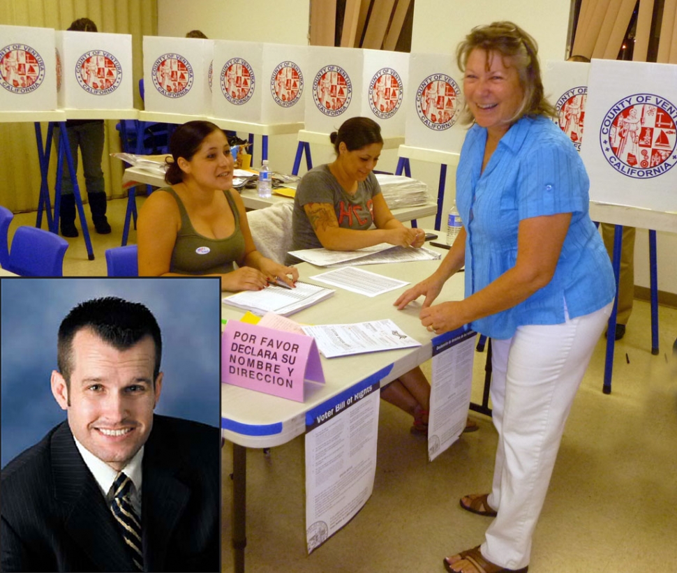 Every vote counts - Mayor Patti Walker cast her vote Tuesday night at a local voting center. Walker and Brian Sipes (inset) won the two available seats on council: this is Walker’s third term. Said Walker, "I am honored to have the communities faith in my desire to represent Fillmore, humbled by the voters support and looking forward to working with a fine group of people in the citizen's behalf." Walker garnered 1,226 (26.86%) votes and Sipes took 1,131 (24.78%). David Lugo received 892 votes, Marcoz Hernandez 853 and Adrian Grimaldo 319; Write-in votes, including Alex Mollkoy, 144 votes. In 2009, there were approximately 6,200 registered Fillmore voters.