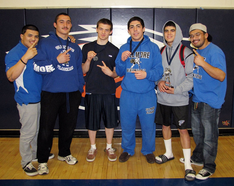 Varsity (l-r) Coach Froggy, Sammy Orozco 220lbs 1st place, Mark Zavala 145lbs 2nd place, Joseph DeLaMora 170lbs 1st place, Robert Bonilla 138lbs 1st place and Middle Weight MVP, and Coach Turtle. 