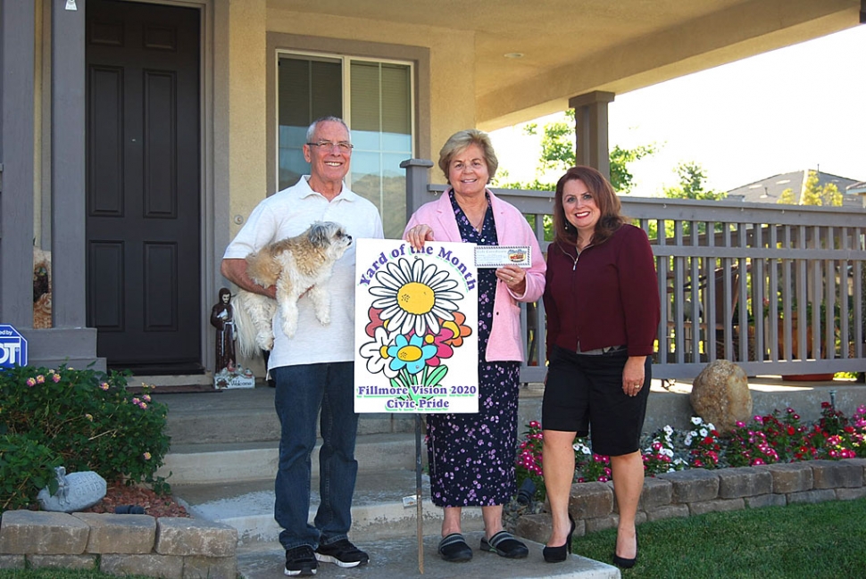 Theresa Robledo presents Fillmore Vision 2020 Civic Pride’s Yard of the Month for June to James and Carol Koenig and their lovely spoiled dog, Dixie (shih tzu)! Congratulations!
