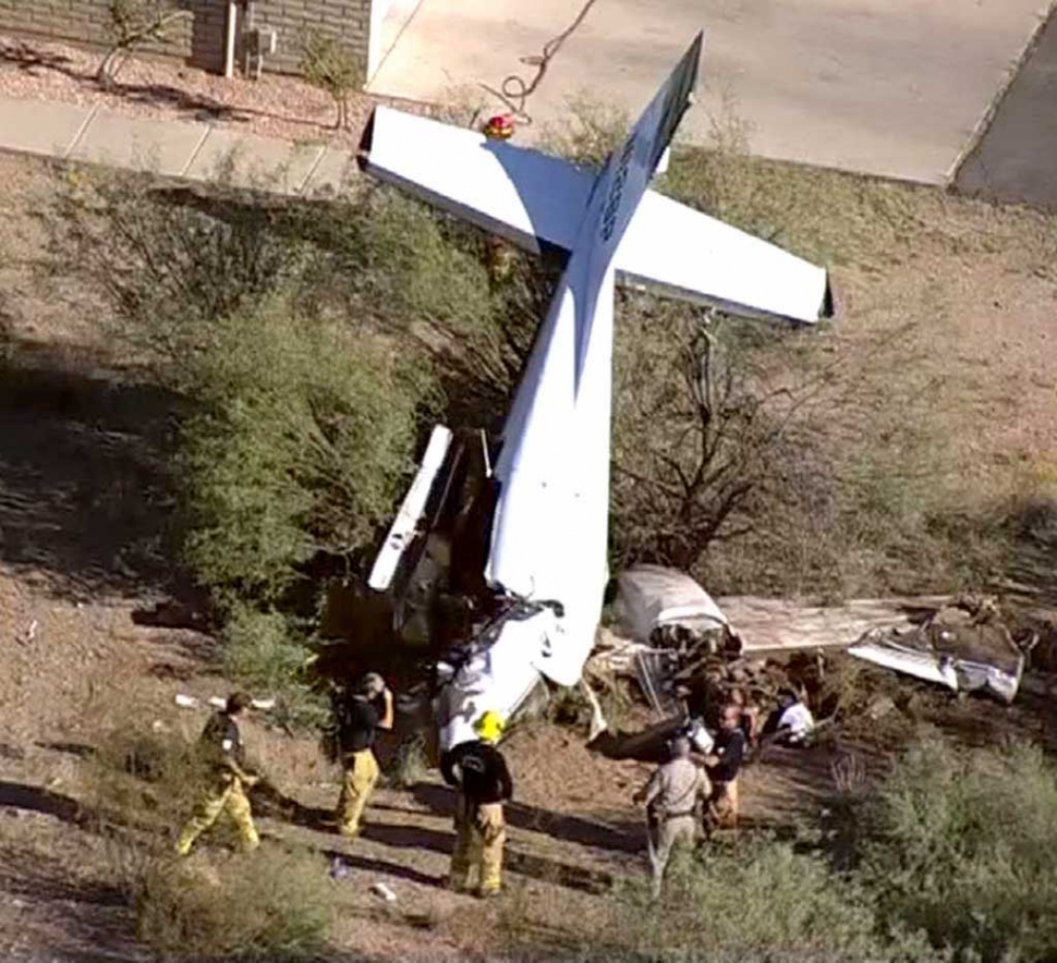 SEPTEMBER - Ex-Fillmore Mayor Linda Brewster & Husband Pat Survive Plane Crash. The Cessna 310 airplane they
were in was taking off from Wickenburg airport when it crashed due to some type of mechanical problem. All 4 occupants of the plane were extracted and airlifted to area hospitals. Pat and Linda are still recovering from their injuries. Photo credit: KPHO/KTVK
